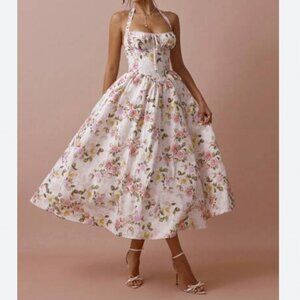 SHEIN Cottagecore Romantic Enchanted Rose Print Halter Neck Midi Dress